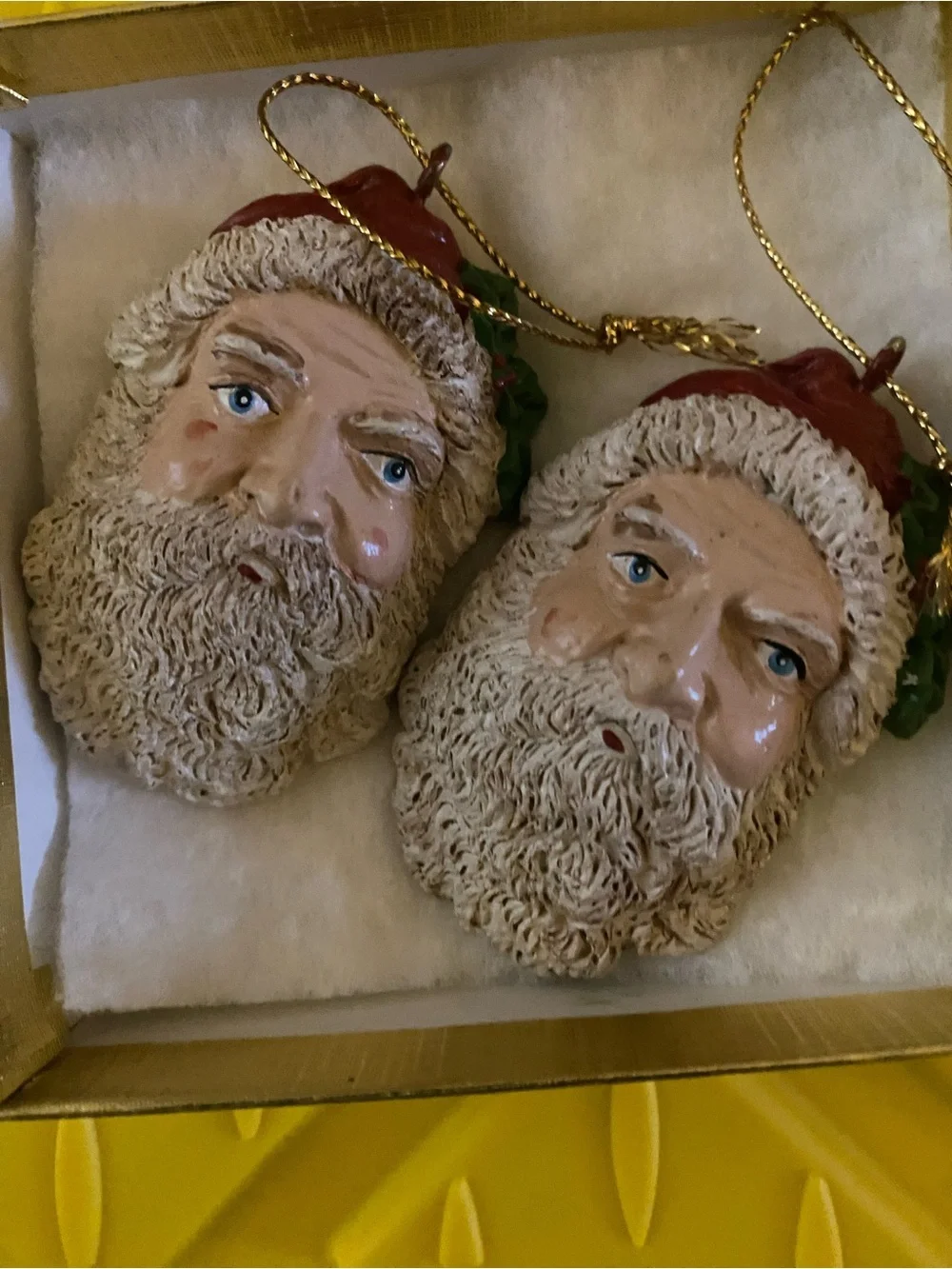 2 Vintage Hand-Painted Santa Face Resin Folk Art  Signed Christmas Ornaments